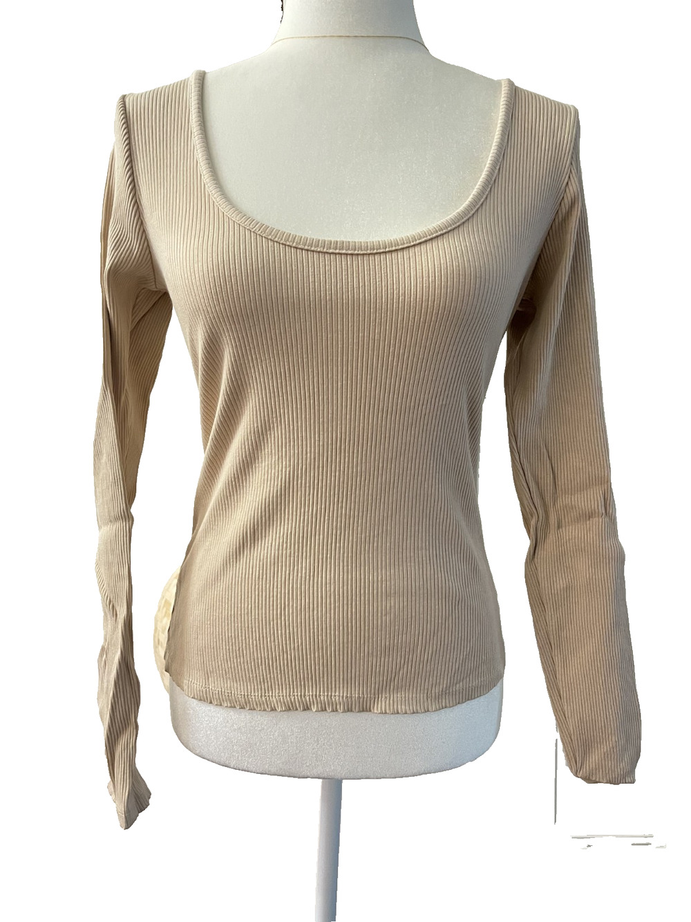 Women's Fashion Nova Size XL Ribbed Beige Long Sleeve Basic Shirt Round Neck